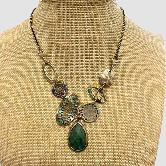 Vintage The Bohm Necklace Green Stone Pendant Gold Tone Mixed Metal Statement - Picture 2 of 5